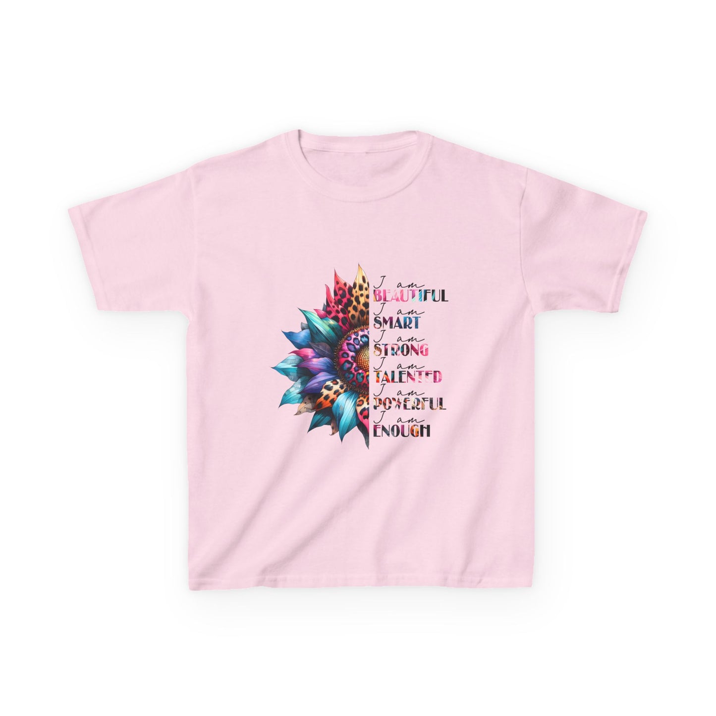 Kids T-Shirt with Enpouring Quote and Colorful Mandala Flower Design, bright, colourful, flower
