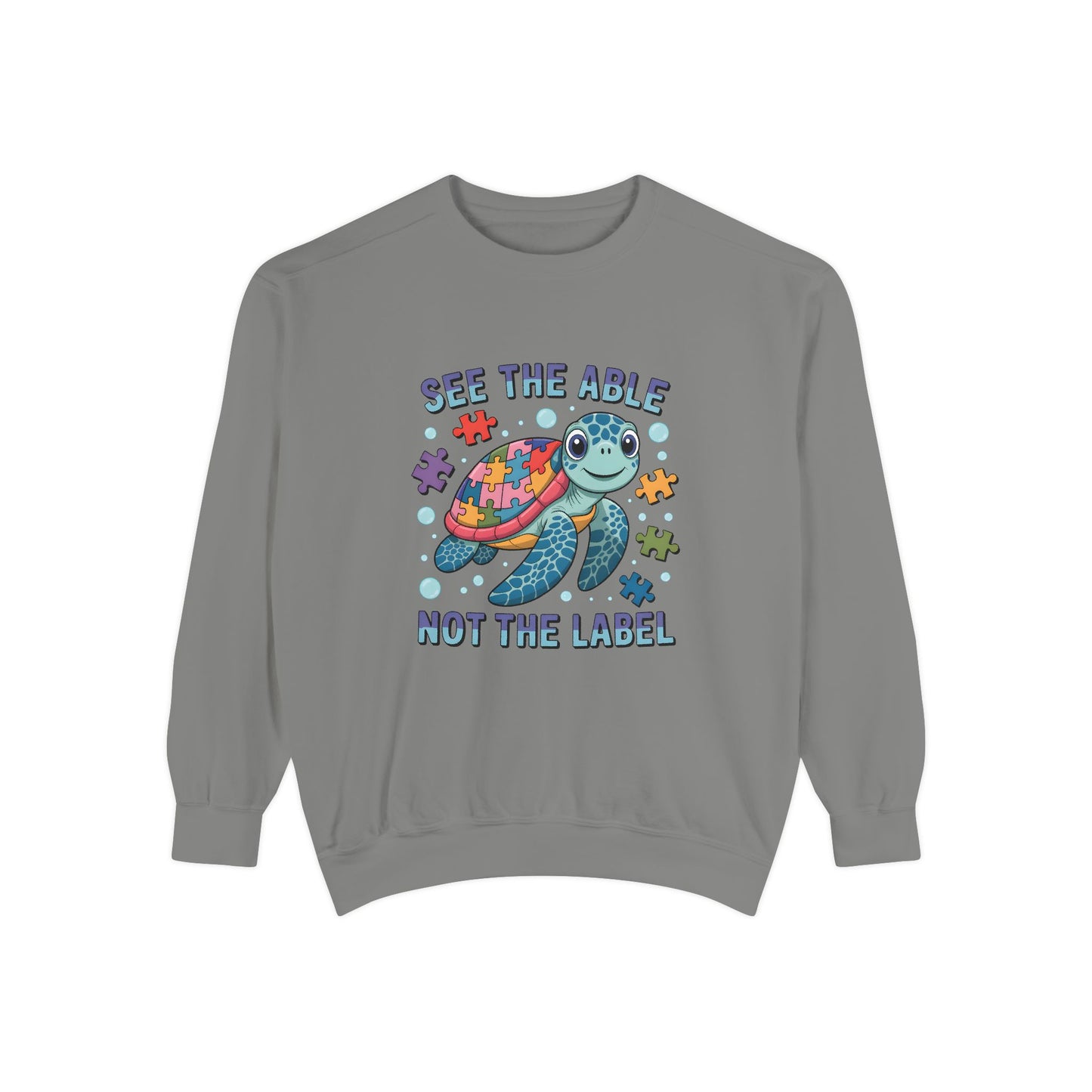 See the Able Not the Label Sweatshirt — Autism Awareness Turtle Crewneck, neurodivergent, turtle, bright