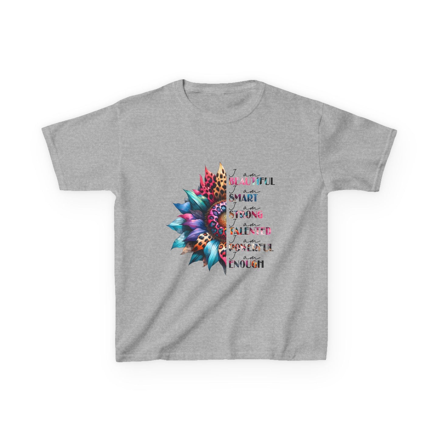 Kids T-Shirt with Enpouring Quote and Colorful Mandala Flower Design, bright,  colourful, flower