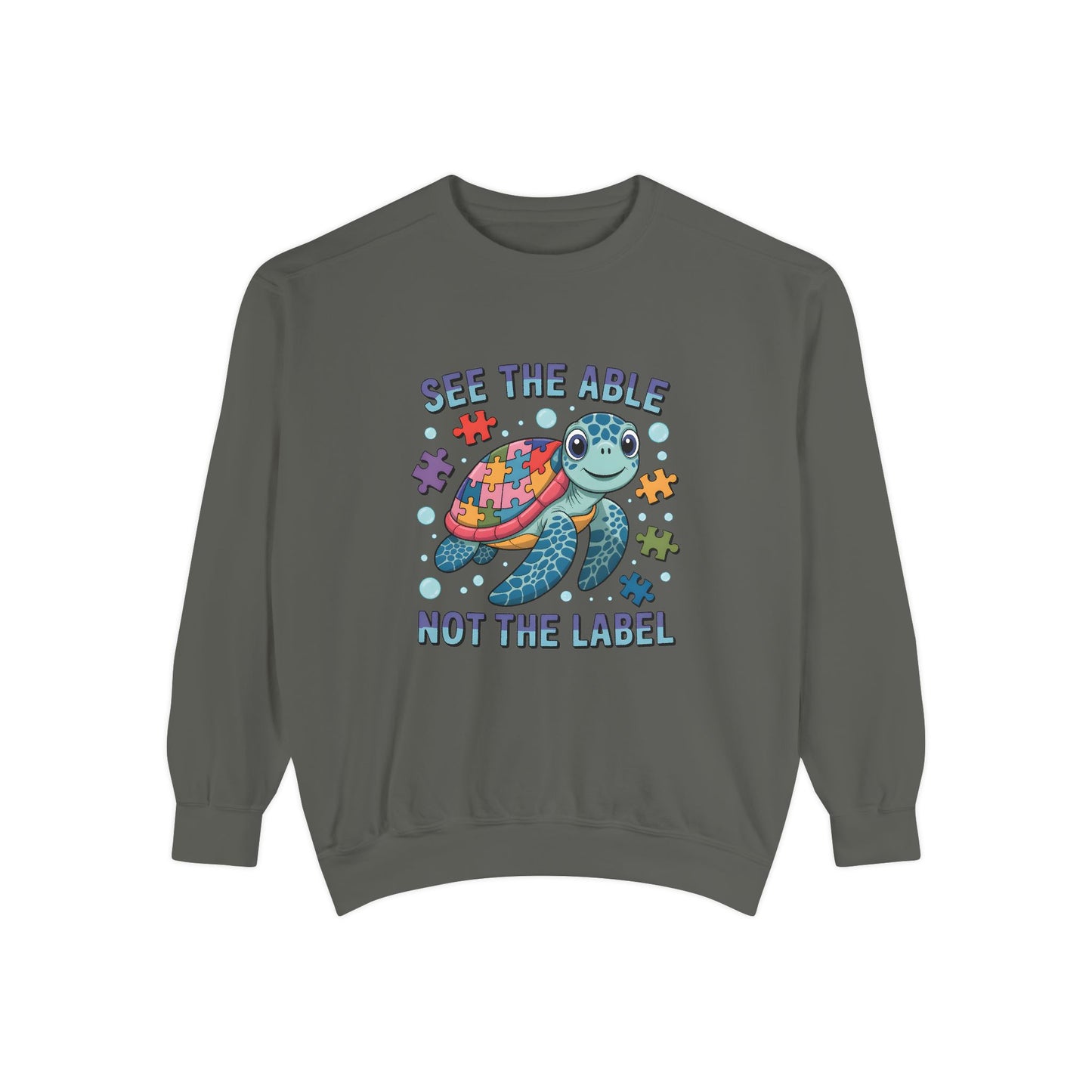 See the Able Not the Label Sweatshirt — Autism Awareness Turtle Crewneck, neurodivergent, turtle, bright