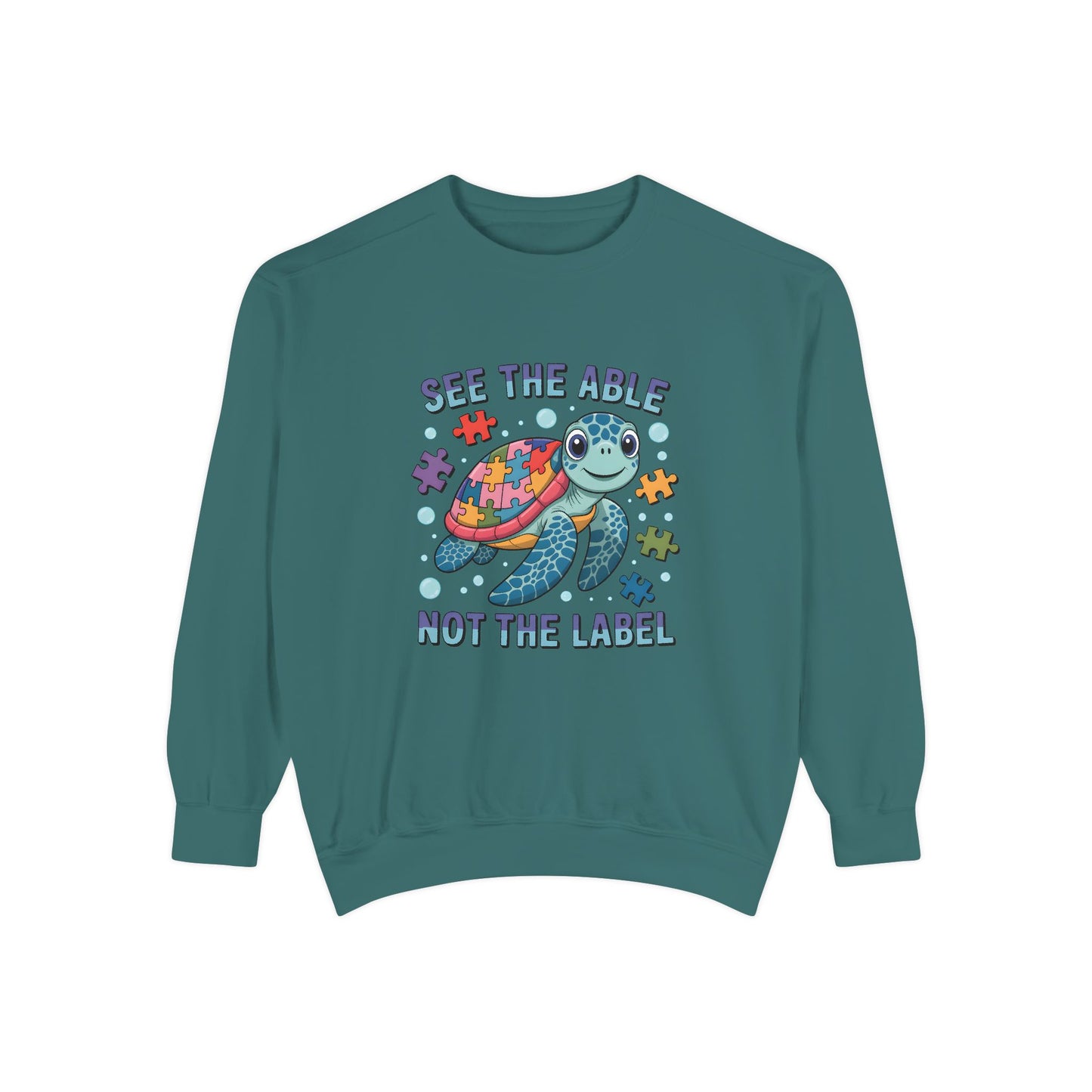 See the Able Not the Label Sweatshirt — Autism Awareness Turtle Crewneck, neurodivergent, turtle, bright