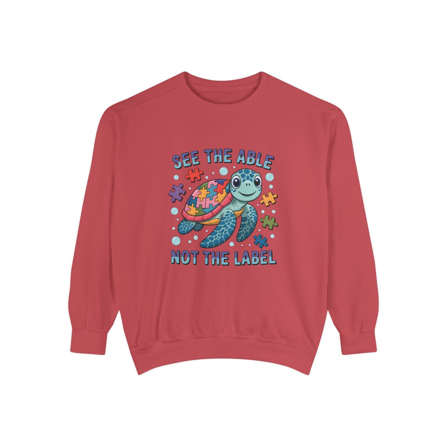 See the Able Not the Label Sweatshirt — Autism Awareness Turtle Crewneck, neurodivergent, turtle, bright