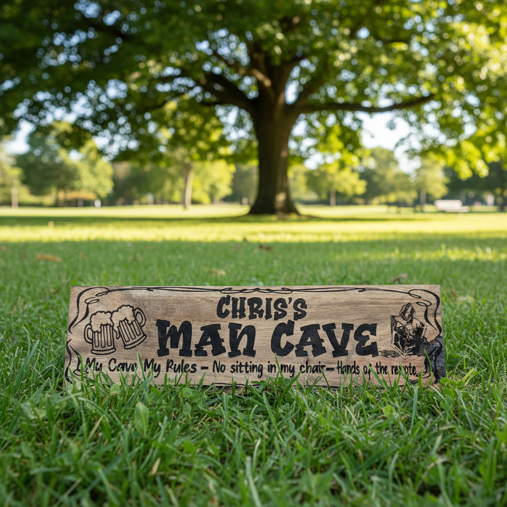 Wooden sign with engraved text and graphics, featuring the name 'Chris' and the phrase 'Man Cave'.