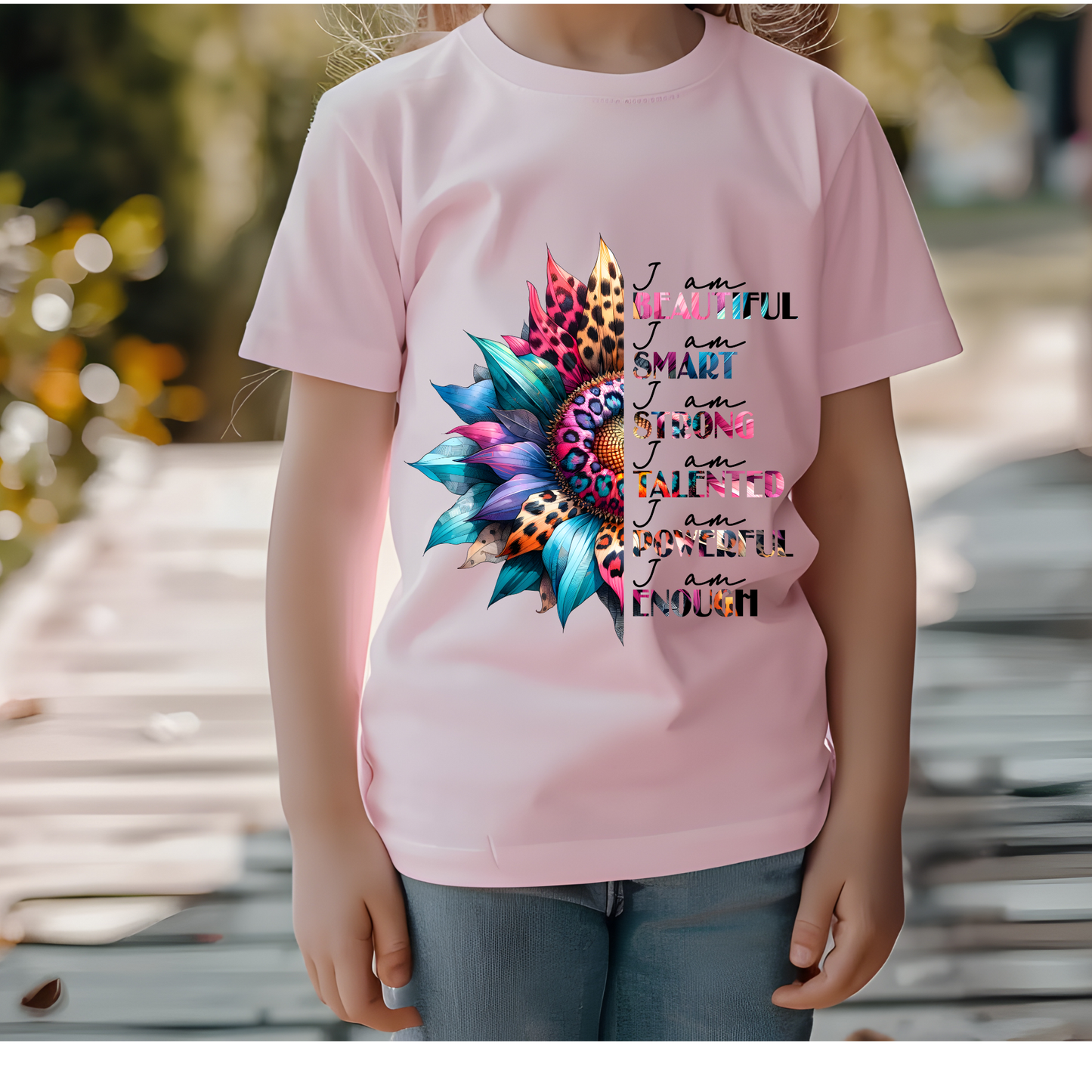 Kids T-Shirt with Enpouring Quote and Colorful Mandala Flower Design, bright,  colourful, flower