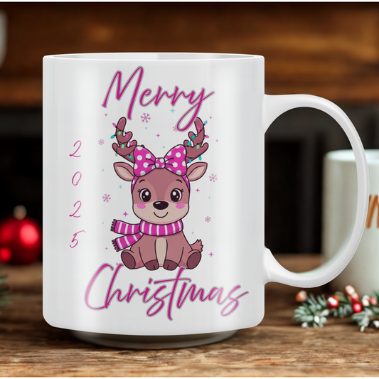 Merry Christmas Pink Reindeer 11oz Mug, Kids Christmas Mug, Hot Chocolate Cup, Milk for Santa, Christmas Eve Box Gift,