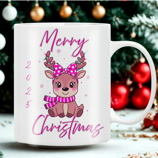 Merry Christmas Pink Reindeer 11oz Mug, Kids Christmas Mug, Hot Chocolate Cup, Milk for Santa, Christmas Eve Box Gift,