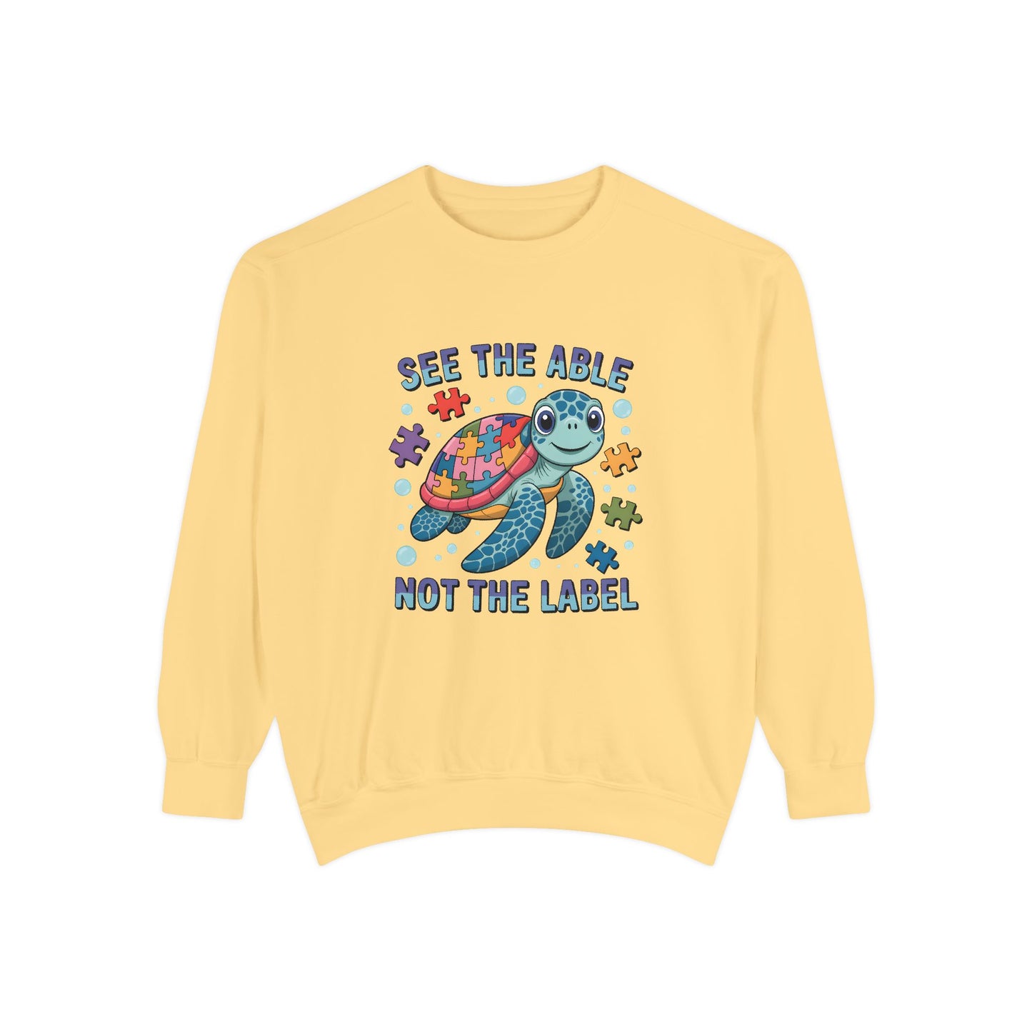 See the Able Not the Label Sweatshirt — Autism Awareness Turtle Crewneck, neurodivergent, turtle, bright