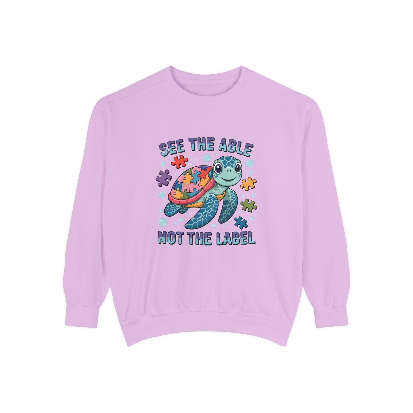 See the Able Not the Label Sweatshirt — Autism Awareness Turtle Crewneck, neurodivergent, turtle, bright