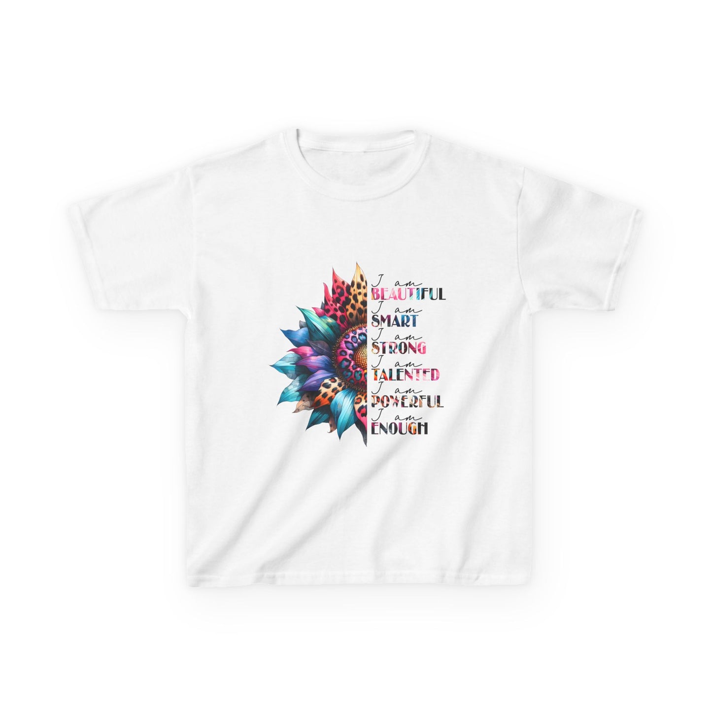Kids T-Shirt with Enpouring Quote and Colorful Mandala Flower Design, bright,  colourful, flower